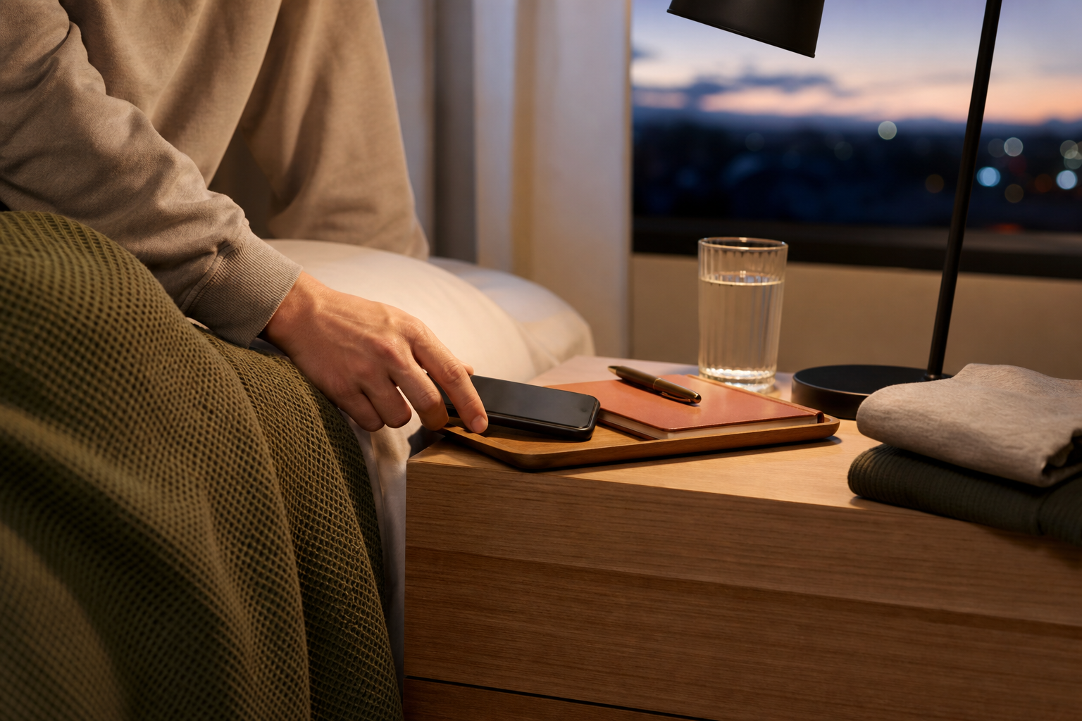 Person legt am Abend ein Smartphone neben Notizbuch, Wasserglas und Leselampe auf den Nachttisch