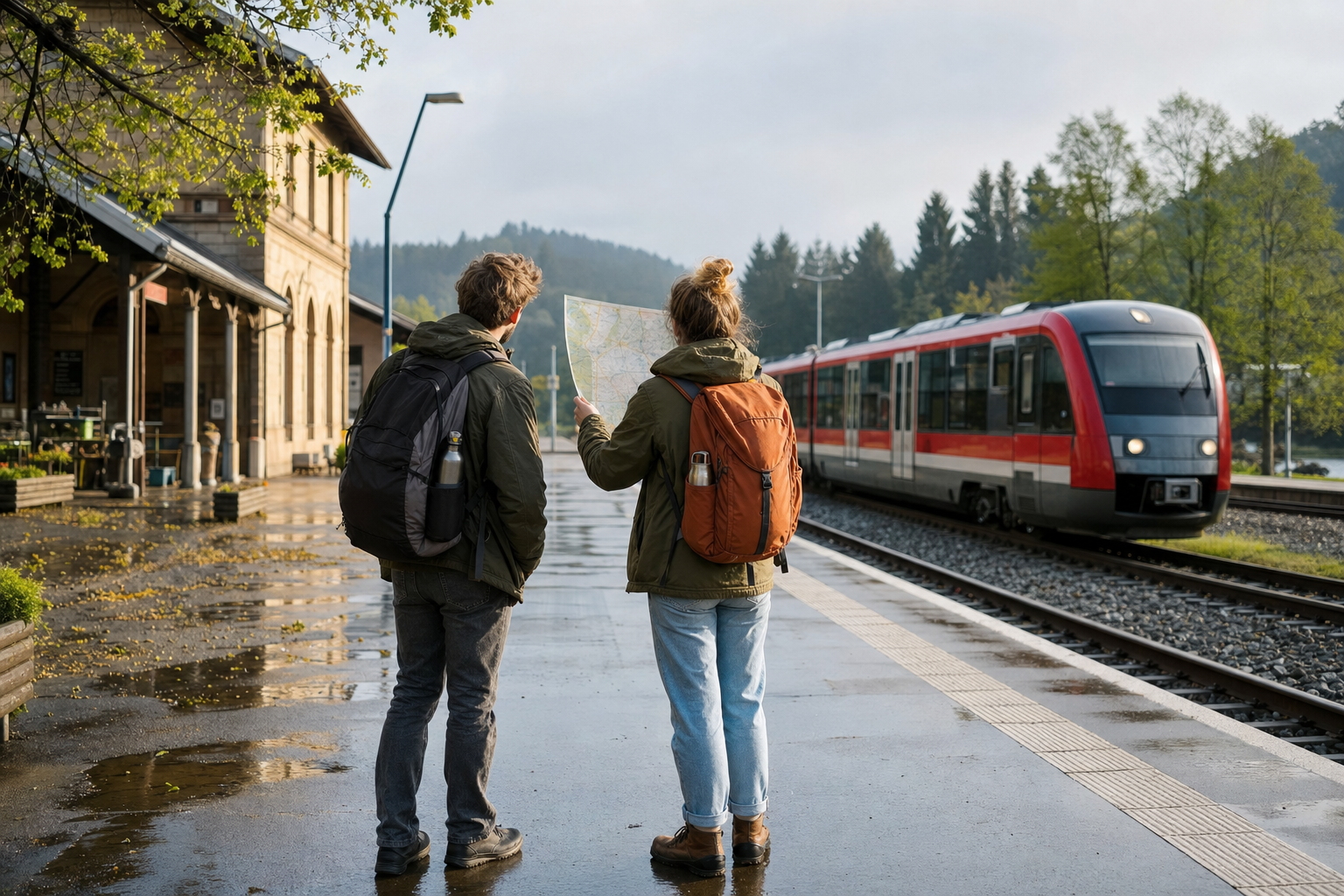 Zwei Reisende mit kleinen Rucksäcken und Karte auf einem nassen Bahnsteig neben einem Regionalzug