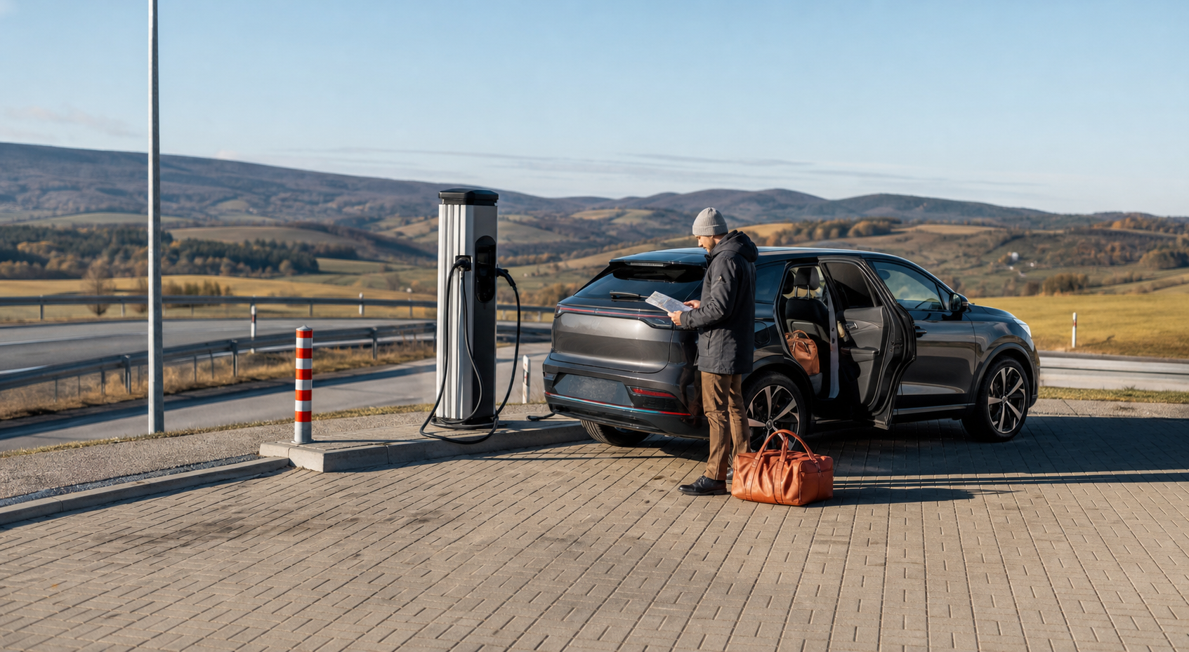 Dunkles Elektroauto an einer Ladesäule mit Reisendem und Karte vor einer hügeligen Landschaft