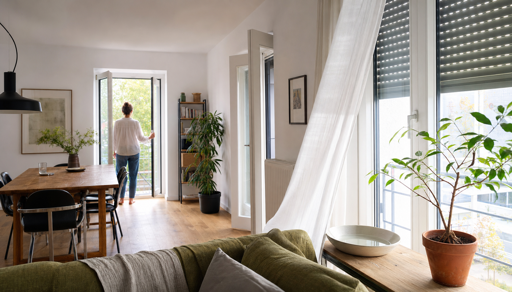 Helle Wohnung mit teilweise geschlossenen Rollläden, bewegtem Vorhang und grünen Pflanzen an einem Sommertag
